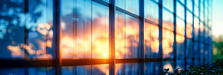 Dazzling Cityscape View from a Modern Office at Sunset, Reflecting the Dynamic Interplay of Light and Urban Architecture