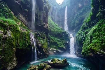 A cascading waterfall plunging into a deep mountain pool, surrounded by moss-covered rocks and lush vegetation.