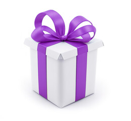 Present Gift Box with Purple Bow isolated on white background. Realistic Photo for Anniversary, Holiday or Illustration of Bonus.