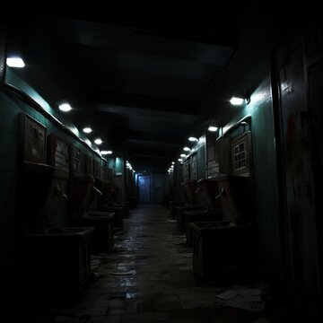 illustration of many toilets in a dark corridor photo, Generative ai