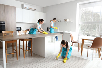 Young janitors cleaning in kitchen - obrazy, fototapety, plakaty