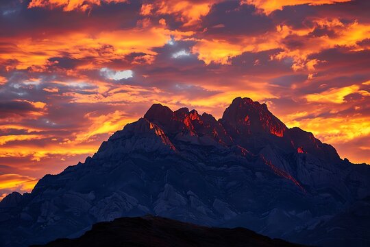 A rugged mountain ridge silhouetted against the fiery hues of a dramatic sunset sky.