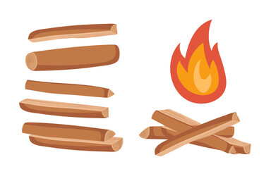 Fire with chopped wood in cartoon style. Sticks or firewood burn in red fire. Burning wood. Vector hand drawn illustration isolated on white background. Camping prink for campsite cooking or BBQ