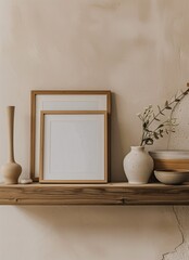 Fototapeta na wymiar Freshly Painted Wall with White Frame and Wooden Shelf Generative AI