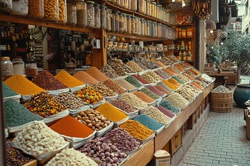 A bustling market with stalls selling exotic spices, teas, and herbs - obrazy, fototapety, plakaty