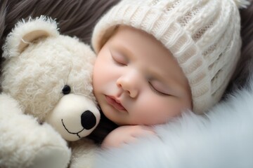 Fototapeta premium Portrait of a cute newborn baby in a white cap, similar to a teddy bear's cap, taken close, sleeping in an embrace with a white teddy bear.