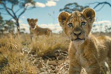 Obraz premium Majestic Lion Cubs Exploring the Savanna Under Golden Sunlight with Trees in Background, Wildlife Photography