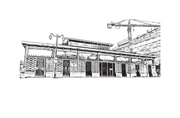 Print Building view with landmark of Rennes is the
City in France. Hand drawn sketch illustration in vector.