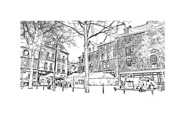 Print Building view with landmark of Rennes is the
City in France. Hand drawn sketch illustration in vector.