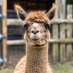 Naklejka premium Close-up portrait of a friendly alpaca in a farm setting.
