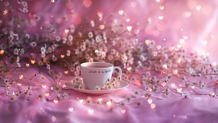 Edle antike Kaffeetasse romantisch mit Herzen und Blumen als Hintergrund im Lichter Bokeh zum Muttertag und Valentinstag, ai generativ - obrazy, fototapety, plakaty