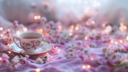 Obraz na płótnie Canvas Edle antike Kaffeetasse romantisch mit Herzen und Blumen als Hintergrund im Lichter Bokeh zum Muttertag und Valentinstag, ai generativ