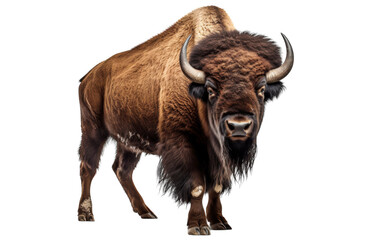 A powerful bison standing proudly against a stark white background