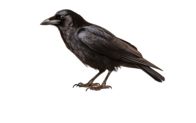 A black bird elegantly perched on a blank white canvas under a soft light