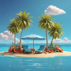 Summer beach vacation scene with blue background. 3d rendering
