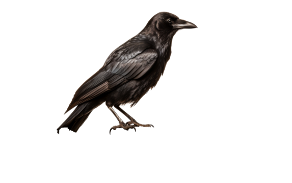 A black bird standing calmly on a stark white surface