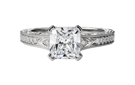 A stunning princess cut diamond engagement ring shines on a delicate filigree band