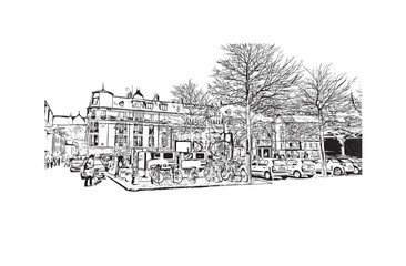 Print Building view with landmark of Rennes is the
City in France. Hand drawn sketch illustration in vector.