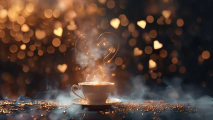 Fototapeten Edle antike Kaffeetasse romantisch mit Herzen in gold als Hintergrund im Lichter Bokeh zum Muttertag und Valentinstag, ai generativ © www.freund-foto.de