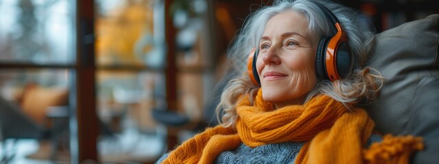 old woman listens music on headphones. relax, self care, contemporary concept.  banner