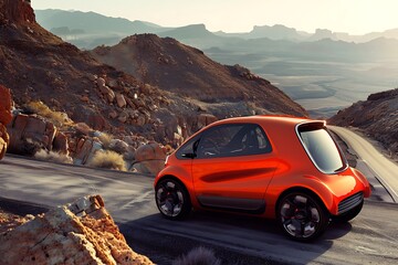 Small and simple modern electricity orange car, which is passing through a winding and challenging plateau. .
