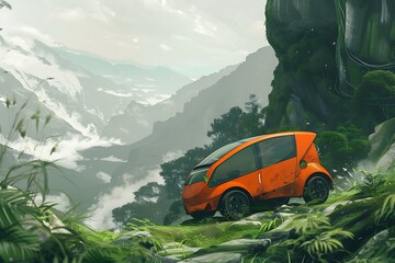 Small and simple modern electricity orange car, which is passing through a winding and challenging...