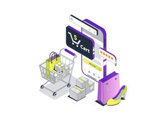 Online Shopping Store composition. Isometric phone makes a purchase in Marketplace. Shopping cart with a package. Vector illustration