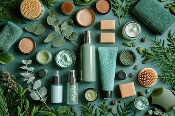 Beauty Product Flat Lay A flat lay composition featuring various beauty products and cosmetics - obrazy, fototapety, plakaty