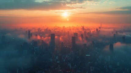 Impactful double exposure visualization of cityscapes overlaid with haze and smog, illustrating the detrimental effects of pollution on our environment and climate.