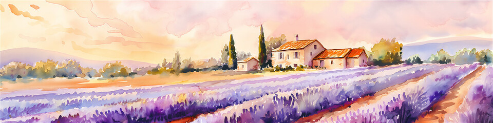 A vibrant watercolor painting of rolling lavender fields in Provence bathed in the warm glow of a summer sunset