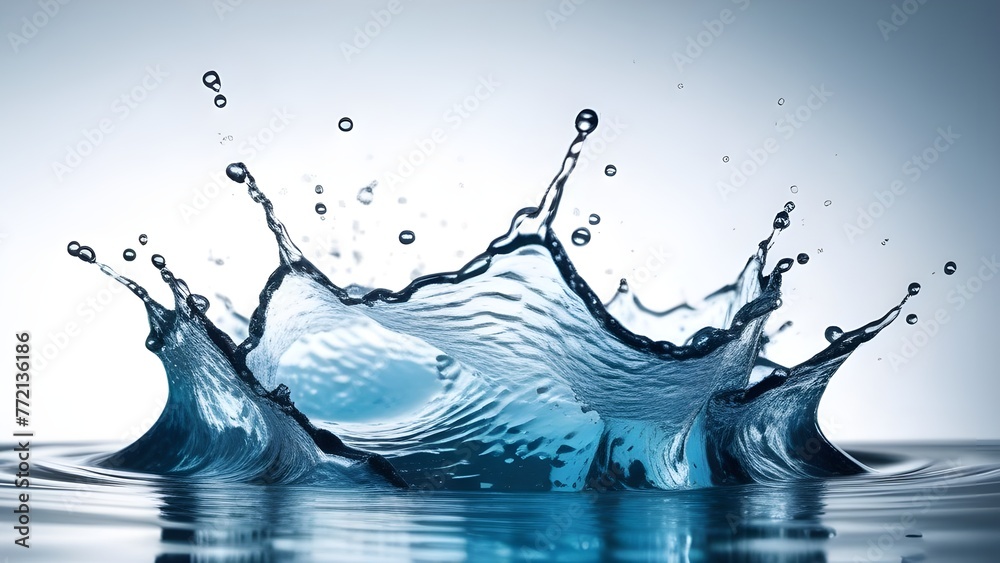 Poster Transparent liquid ripples and splashes in a blue wave, creating abstract motion and bubbles