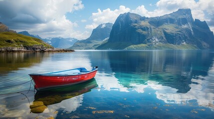 A small fishing boat anchored at a serene bay with a picturesque mountain backdrop.