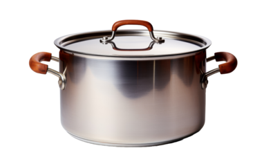 A sleek stainless steel pot with rustic wooden handles sits on a kitchen counter