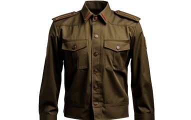 A green military jacket with a striking red stripe across the chest