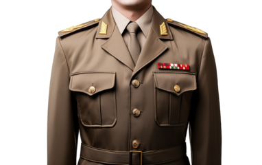 A man in a military uniform stands proudly in front of a stark white background