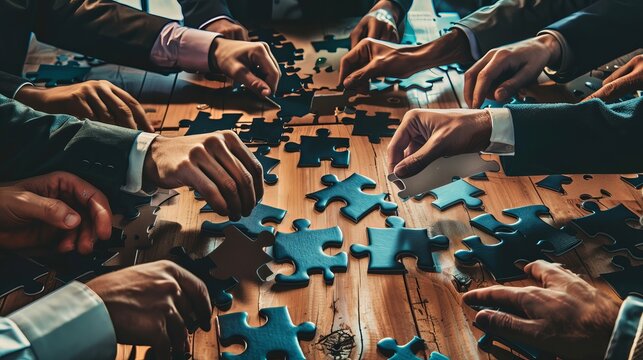 Team of Professionals Collaborating on Jigsaw Puzzle Solution in Modern Office Setting
