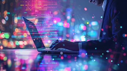 Businessman Syncing Business Data: Abstract Laptop Connection with Global Network, Data Exchange, Analytics, and Internet Tech