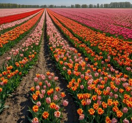 Colorful tulip flowers blooming in an agricultural field in spring