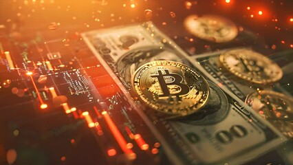 A pile of dollar bills and bitcoin with a Crypto trading graph background