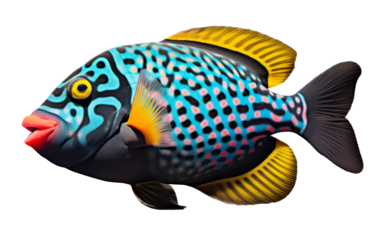 A vibrant blue and yellow fish with black spots gracefully swimming in the ocean