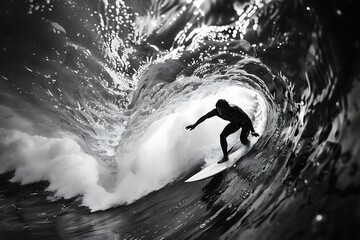 Black and White Surfer Surfing the Tube. Black and white photo of a surfer surfing a perfect tubing wave. .