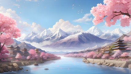mountains and sakura waters