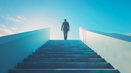Businessman Ascending High Stairs: Career Success, Future Planning, Business Competitions - obrazy, fototapety, plakaty
