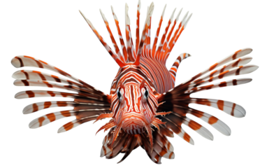 A stunning close-up of a lionfish showcasing its intricate patterns and vibrant colors on a stark white background