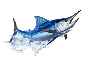 A blue marlin leaps gracefully out of the water against a vivid backdrop