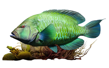 A large green fish elegantly rests on top of coral in an underwater scene