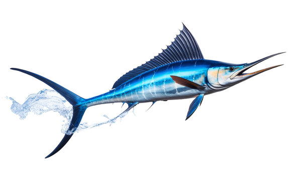 A blue marlin fish gracefully jumps out of the water with a powerful and majestic display