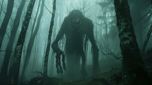 Dark fantasy mysterious creature in forest with mist and creepy tress