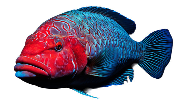 A vibrant blue and red fish elegantly swimming against a pure white background