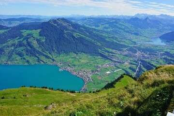 Panoramic View of Lake Zug and the Rigi Mountain Range.
